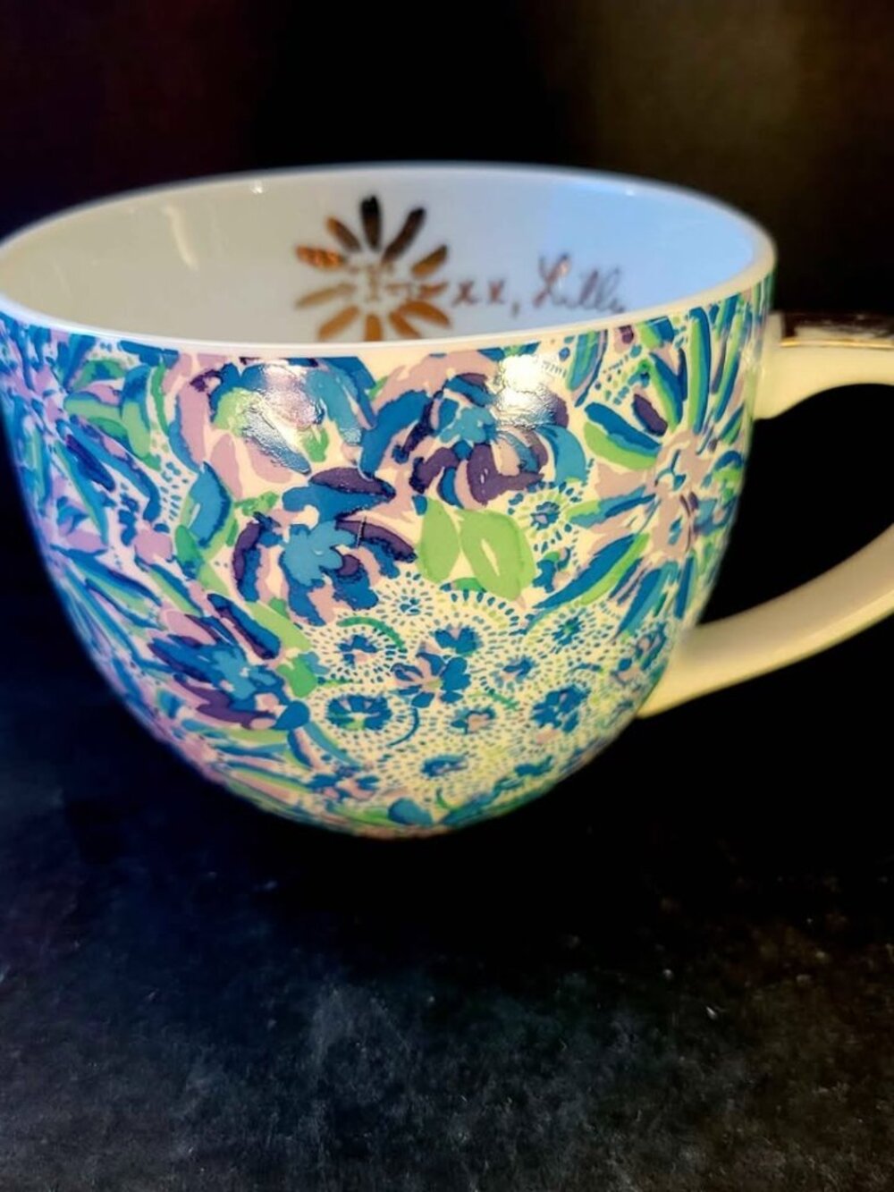 Lilly Pulitzer Coffee Mug, Blue and Purple Floral Pattern Gold-Accent Handle